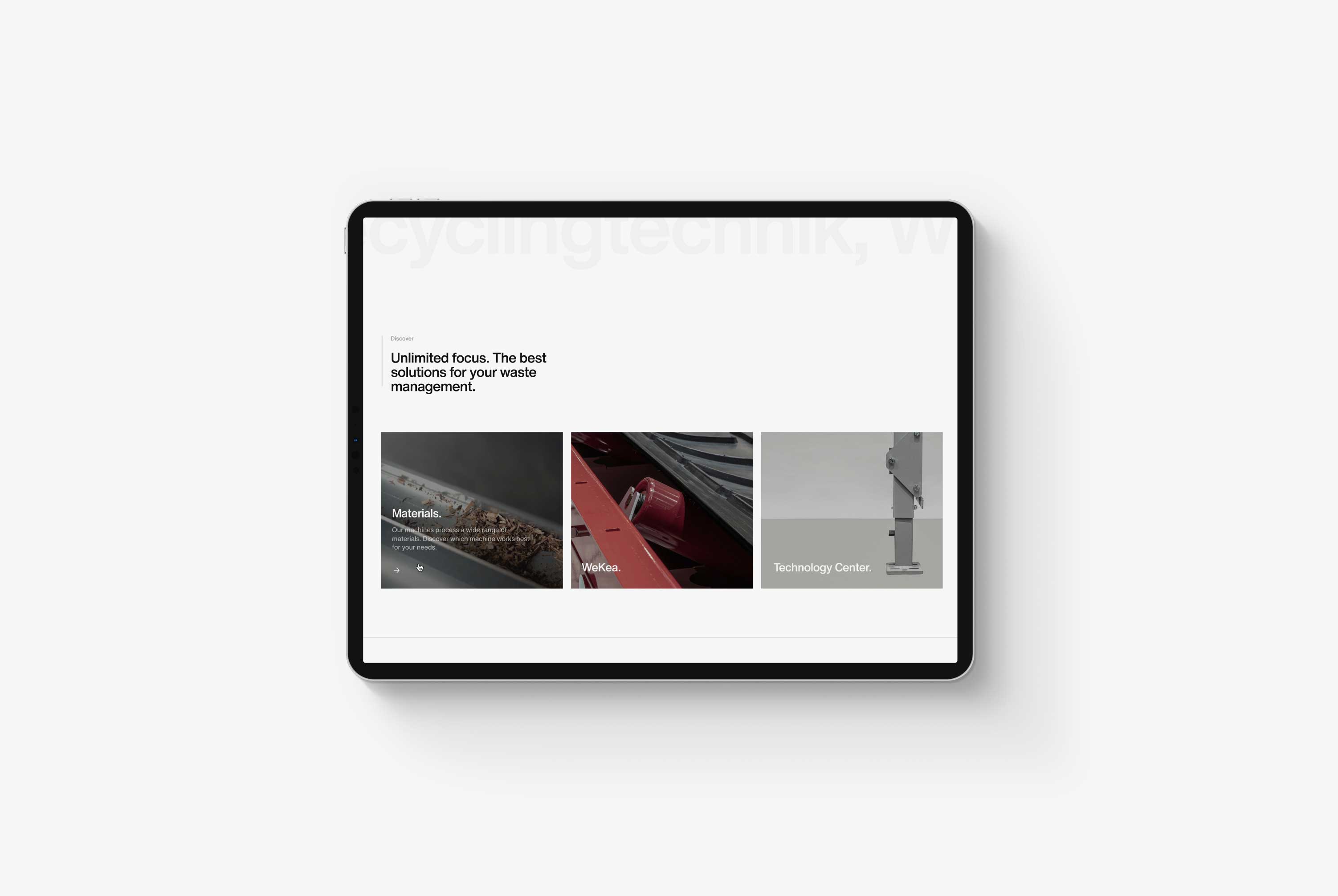 A tablet on a grey background showing 3 thumbnails on the screen of the Westeria website