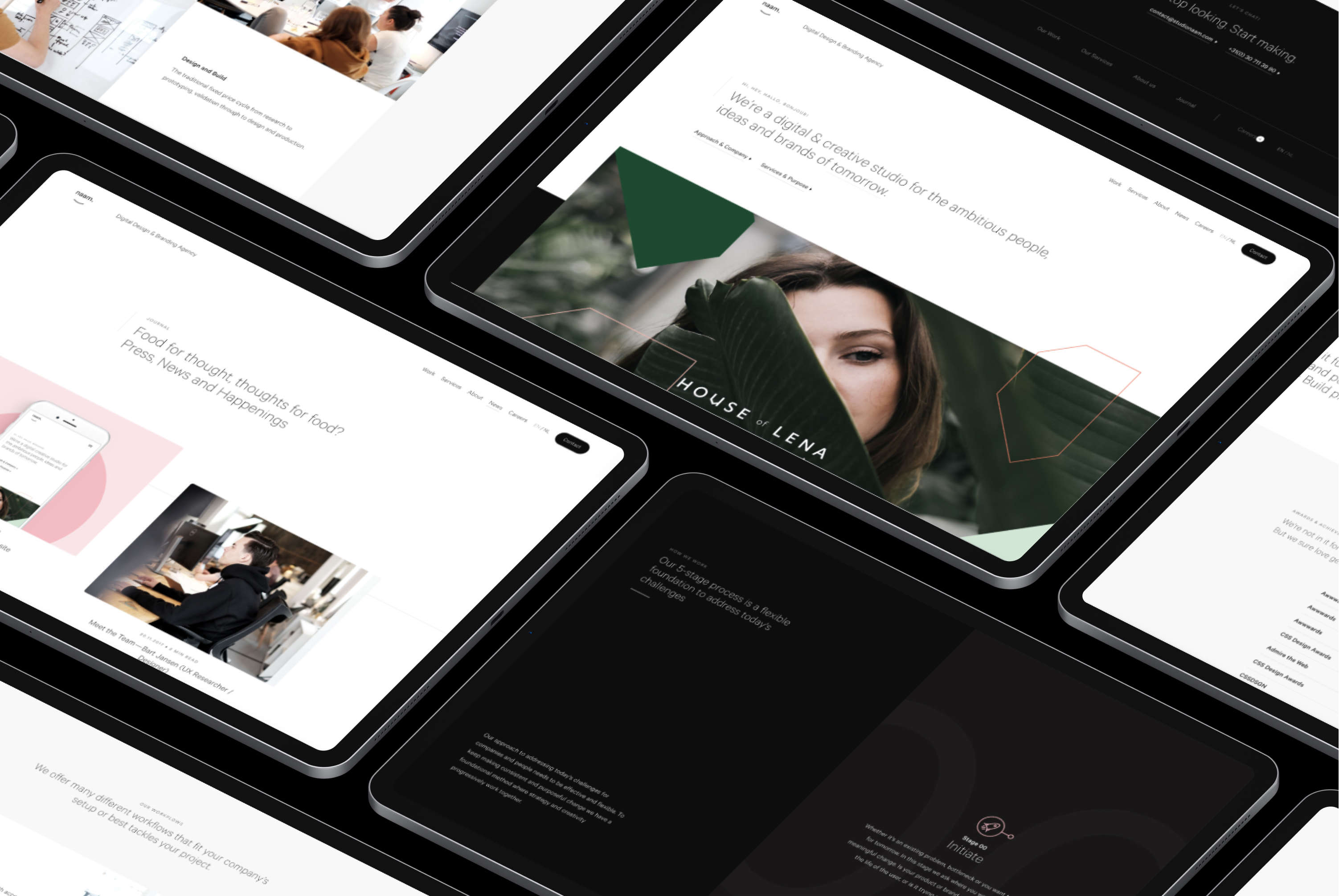 Multiple tablets on a black background with multiple screenshots of the Naam Agency 2018 Design